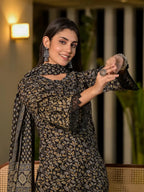 Yufta Black Floral Print Piping On Yoke Pakistani Style Kurta With Trousers And Dupatta Set | Grocsy