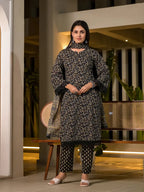 Yufta Black Floral Print Piping On Yoke Pakistani Style Kurta With Trousers And Dupatta Set | Grocsy
