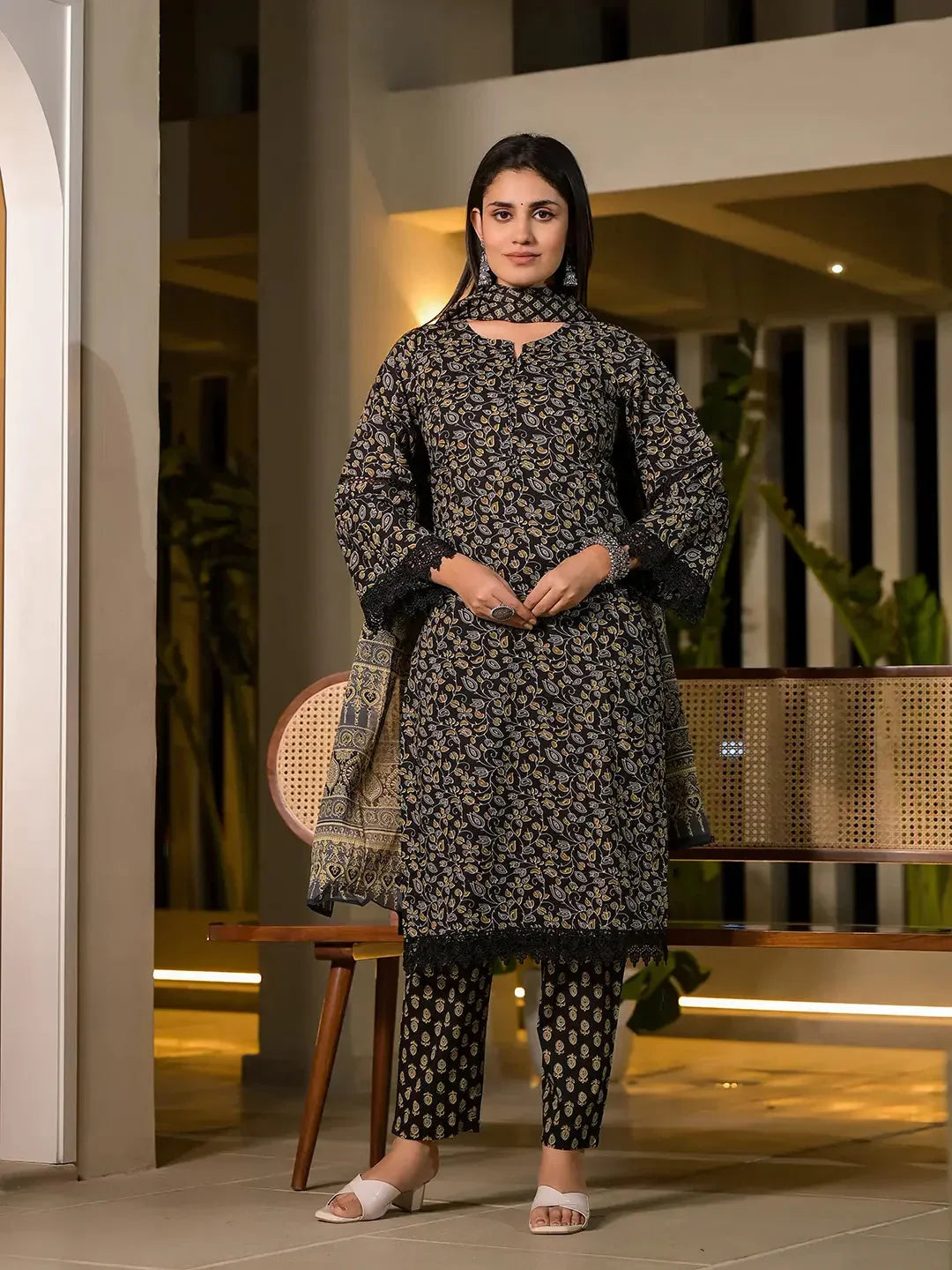 Yufta Black Floral Print Piping On Yoke Pakistani Style Kurta With Trousers And Dupatta Set | Grocsy