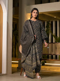 Yufta Black Floral Print Piping On Yoke Pakistani Style Kurta With Trousers And Dupatta Set | Grocsy