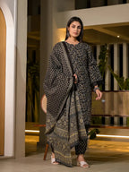 Yufta Black Floral Print Piping On Yoke Pakistani Style Kurta With Trousers And Dupatta Set | Grocsy