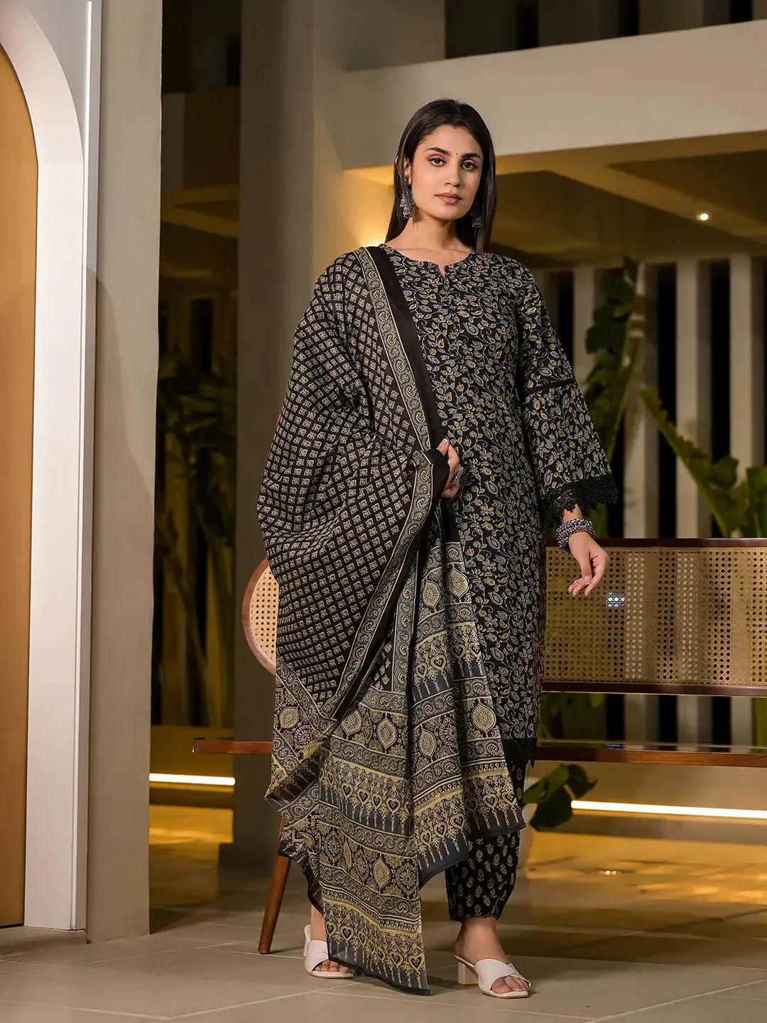 Yufta Black Floral Print Piping On Yoke Pakistani Style Kurta With Trousers And Dupatta Set | Grocsy