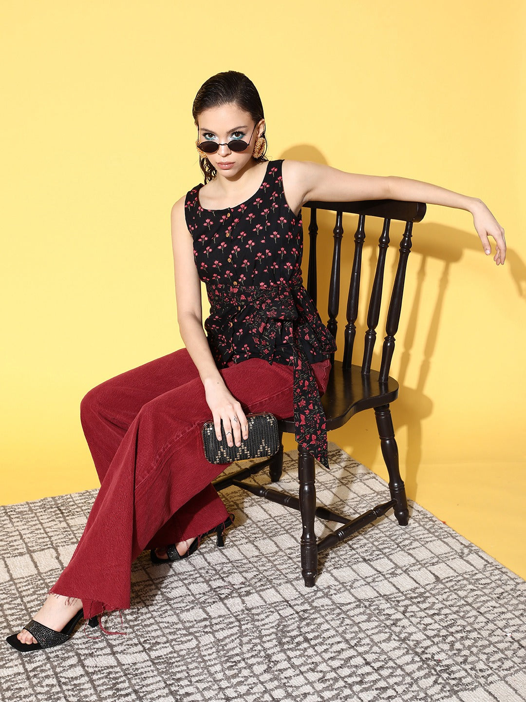Yufta Black Floral Print Top | Grocsy