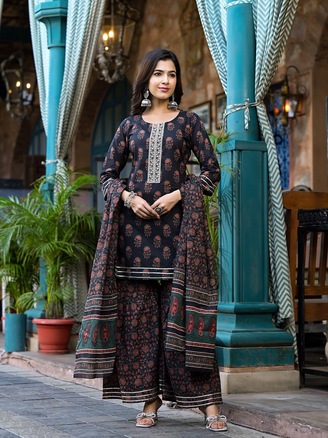 Yufta Black Floral Zari_Work Kurta Sharara With Dupatta Set | Grocsy
