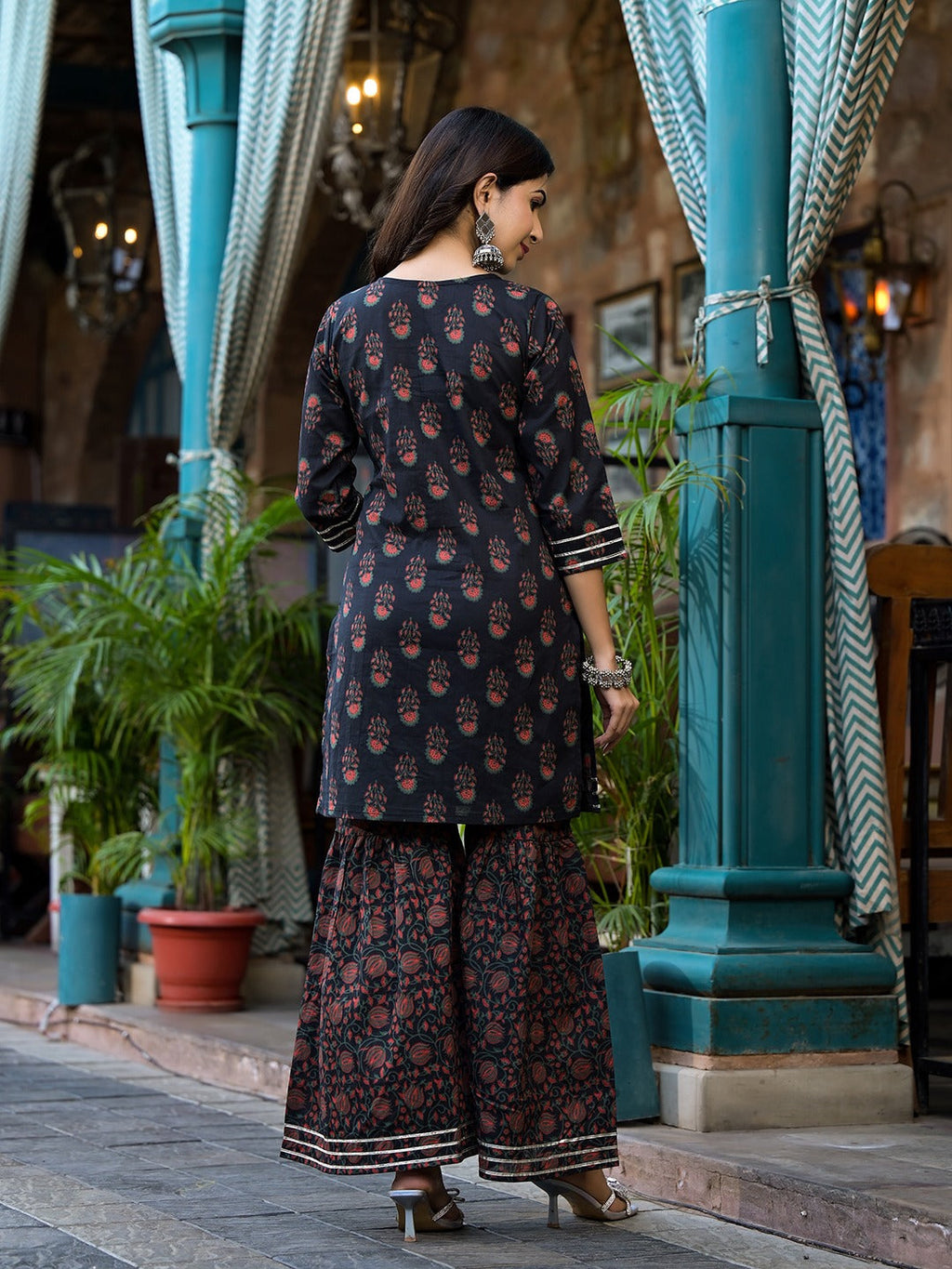 Yufta Black Floral Zari_Work Kurta Sharara With Dupatta Set | Grocsy