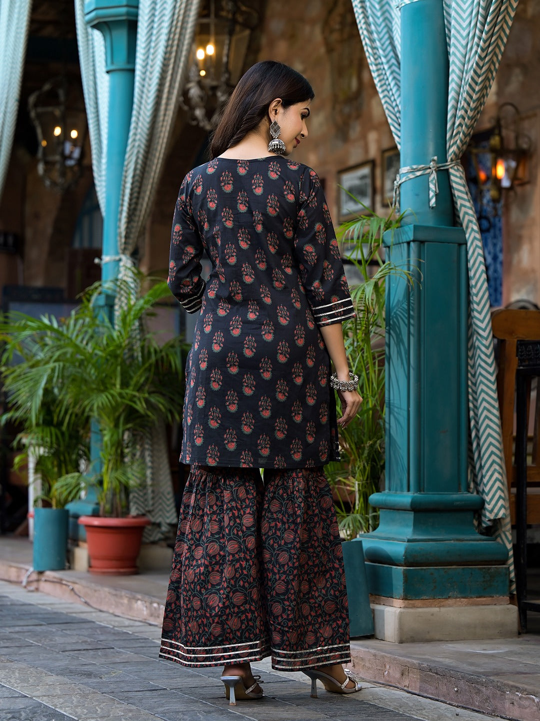 Yufta Black Floral Zari_Work Kurta Sharara With Dupatta Set | Grocsy