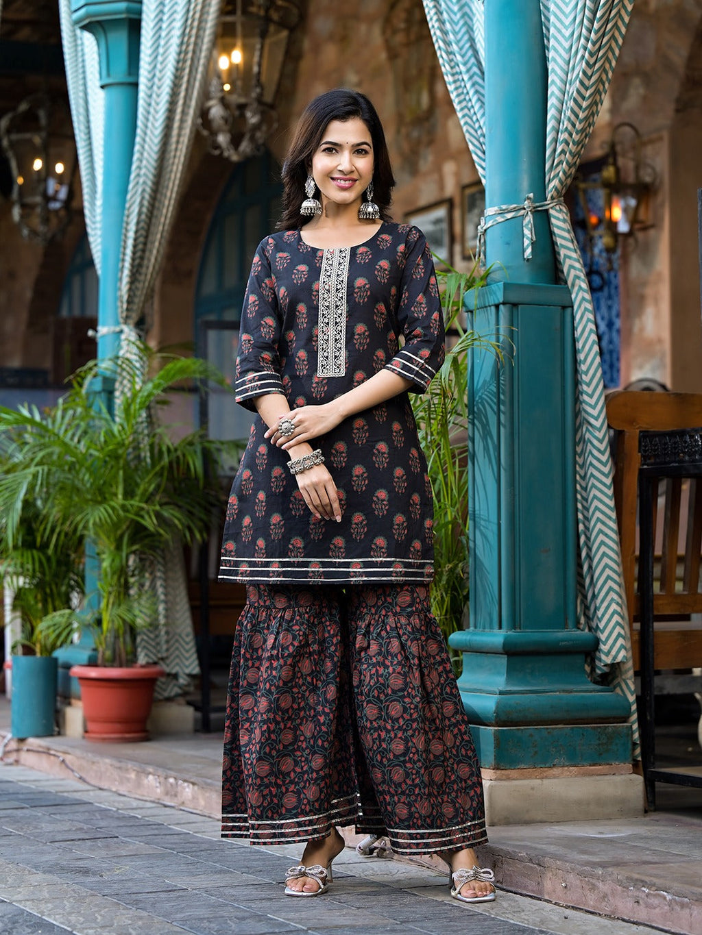 Yufta Black Floral Zari_Work Kurta Sharara With Dupatta Set | Grocsy