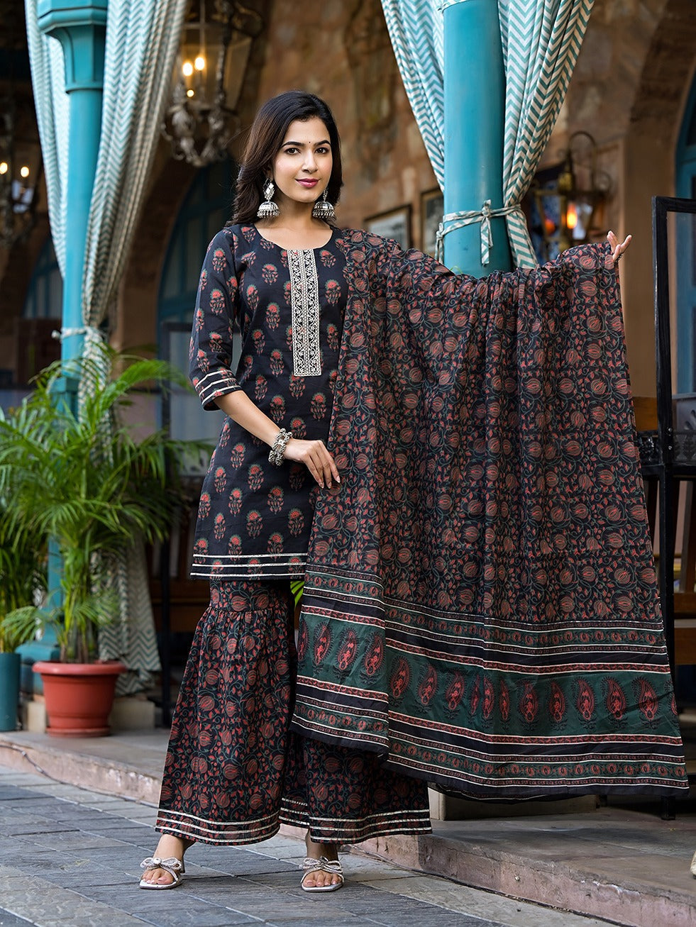 Yufta Black Floral Zari_Work Kurta Sharara With Dupatta Set | Grocsy