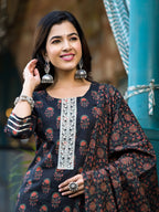 Yufta Black Floral Zari_Work Kurta Sharara With Dupatta Set | Grocsy