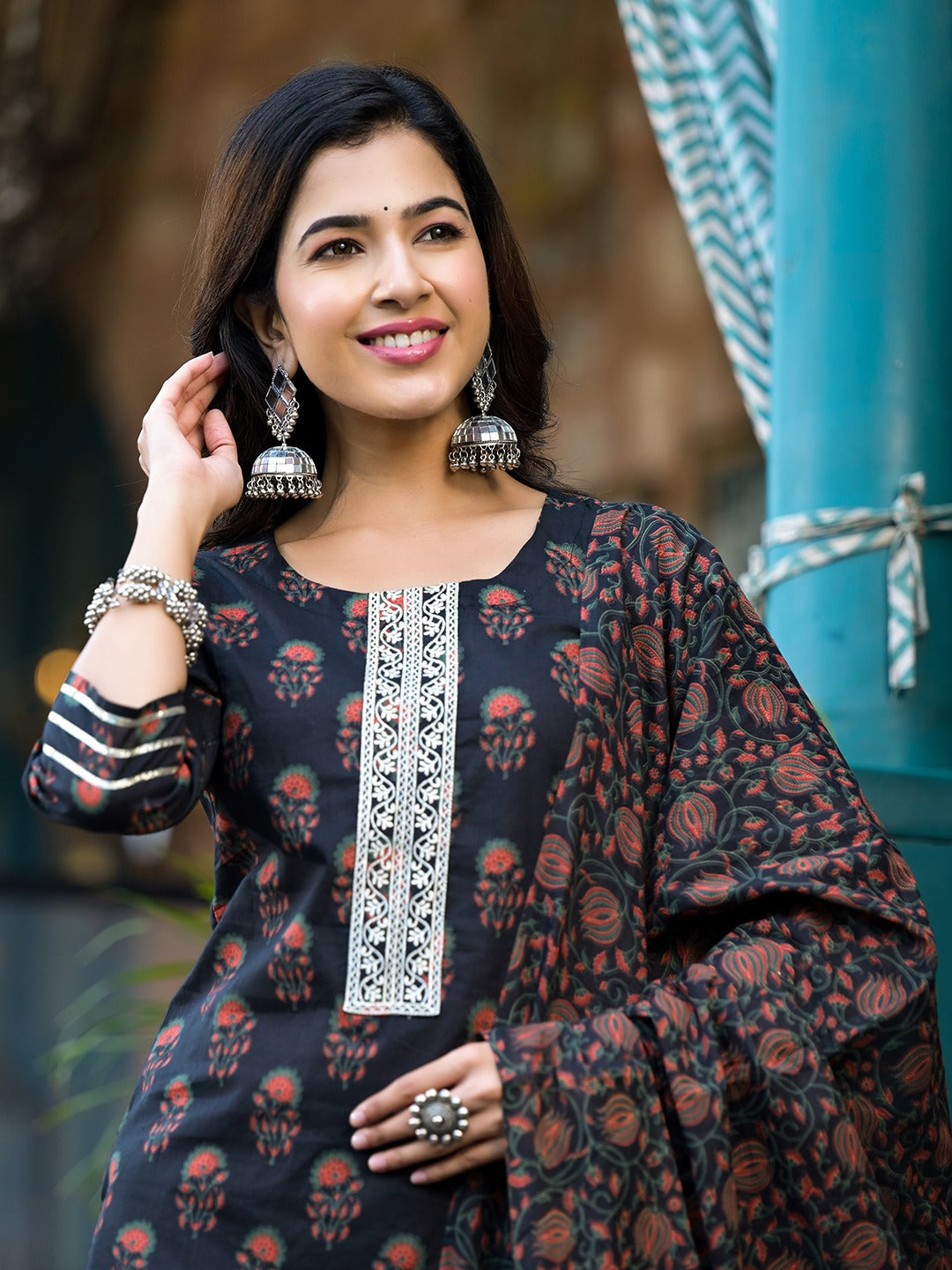 Yufta Black Floral Zari_Work Kurta Sharara With Dupatta Set | Grocsy