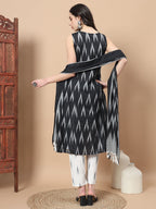 Yufta Black Ikat Print A-Line Kurta Pant And Dupatta Set | Grocsy