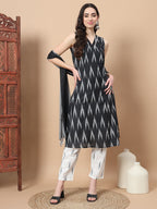 Yufta Black Ikat Print A-Line Kurta Pant And Dupatta Set | Grocsy