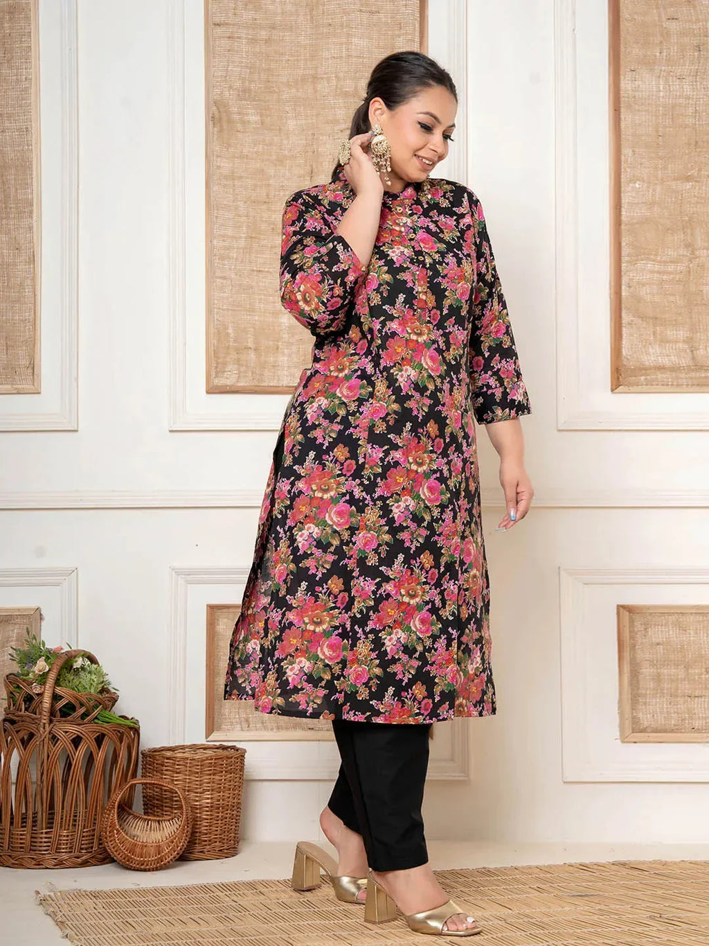 Yufta Black Kantha Work Plus Size Kurta Set With Pant | Grocsy