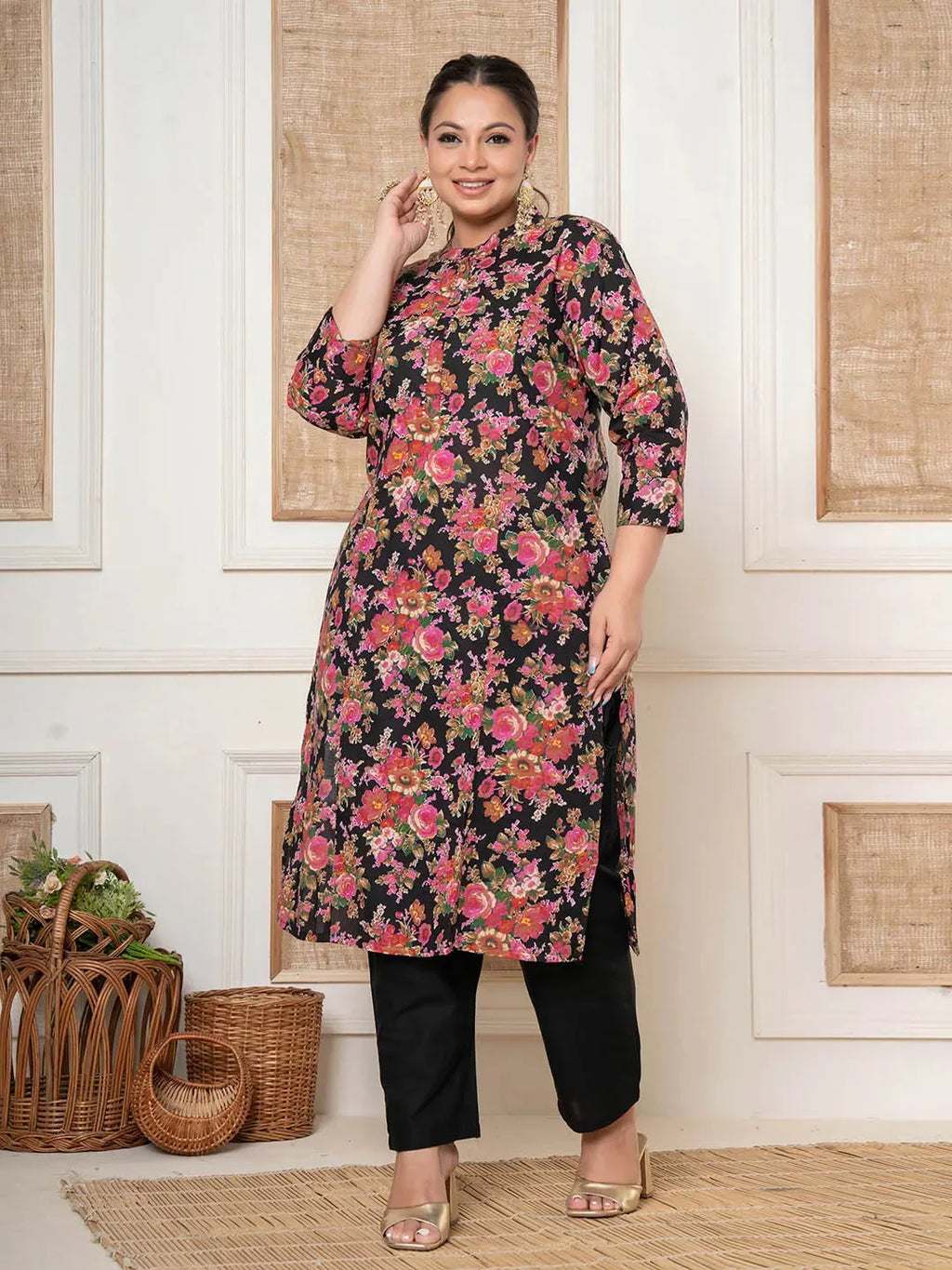 Yufta Black Kantha Work Plus Size Kurta Set With Pant | Grocsy