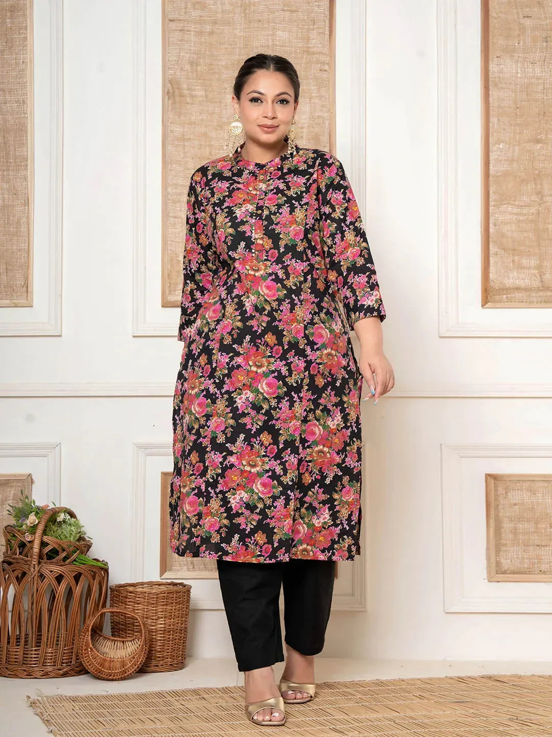 Yufta Black Kantha Work Plus Size Kurta Set With Pant | Grocsy