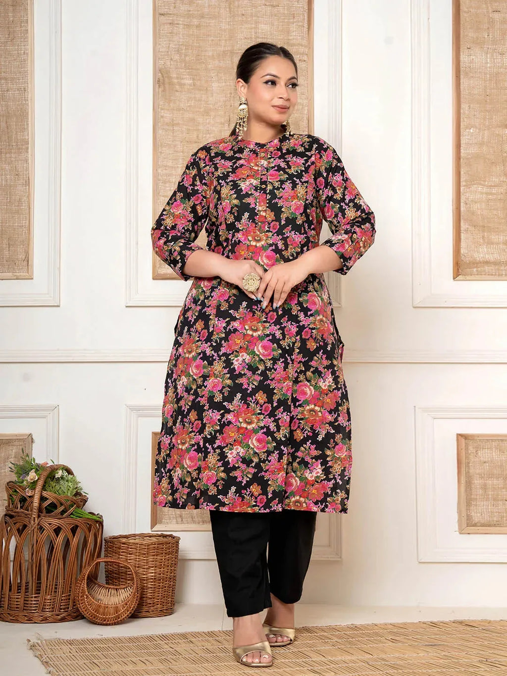 Yufta Black Kantha Work Plus Size Kurta Set With Pant | Grocsy
