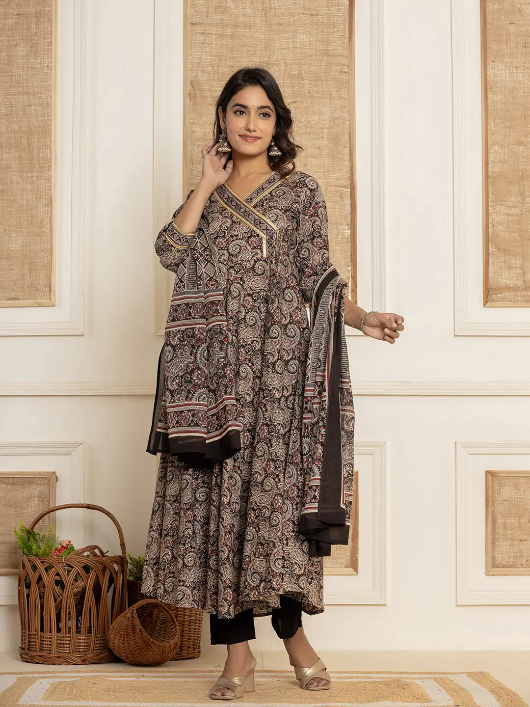Yufta Black Paisley Print Anarkali Style Kurta And Trousers With Dupatta Set | Grocsy