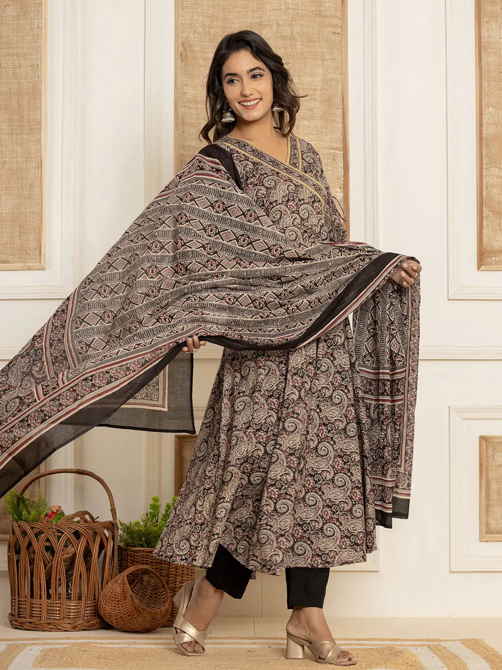 Yufta Black Paisley Print Anarkali Style Kurta And Trousers With Dupatta Set | Grocsy