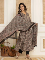 Yufta Black Paisley Print Anarkali Style Kurta And Trousers With Dupatta Set | Grocsy