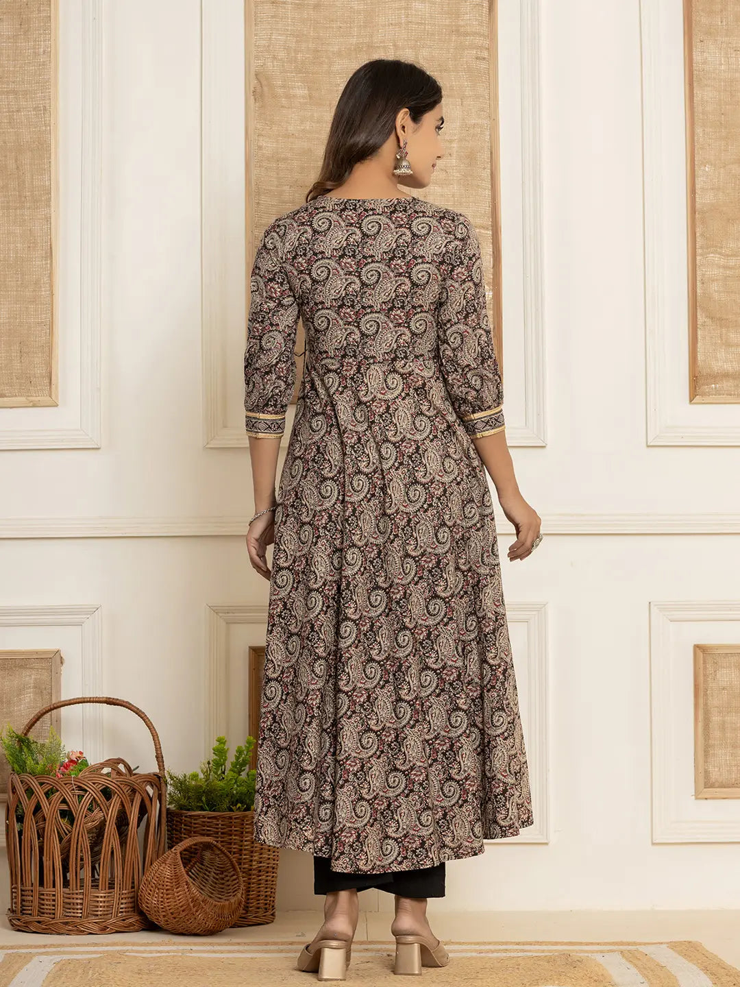 Yufta Black Paisley Print Anarkali Style Kurta And Trousers With Dupatta Set | Grocsy