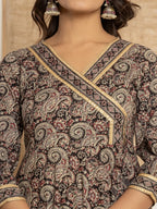 Yufta Black Paisley Print Anarkali Style Kurta And Trousers With Dupatta Set | Grocsy
