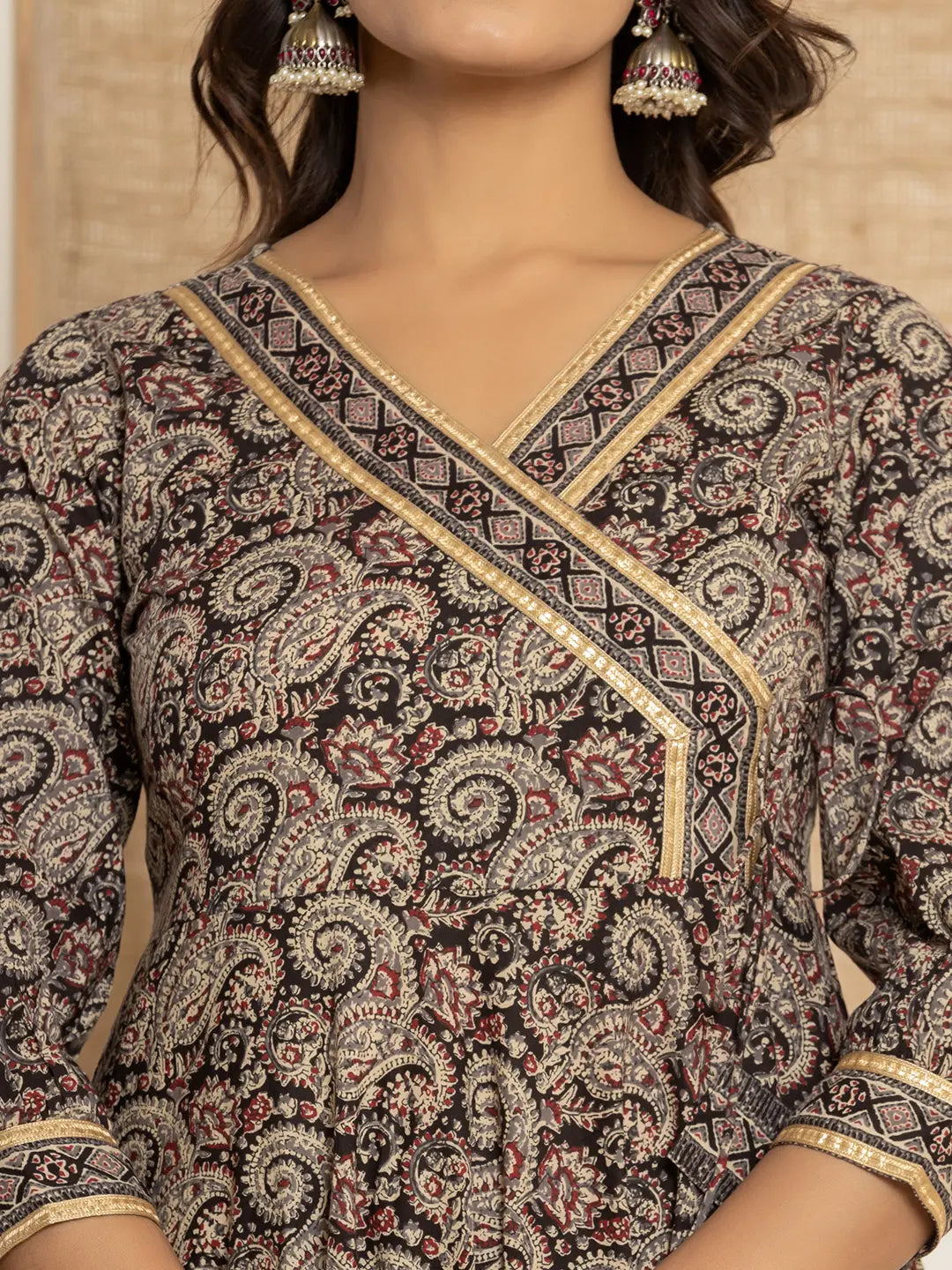 Yufta Black Paisley Print Anarkali Style Kurta And Trousers With Dupatta Set | Grocsy