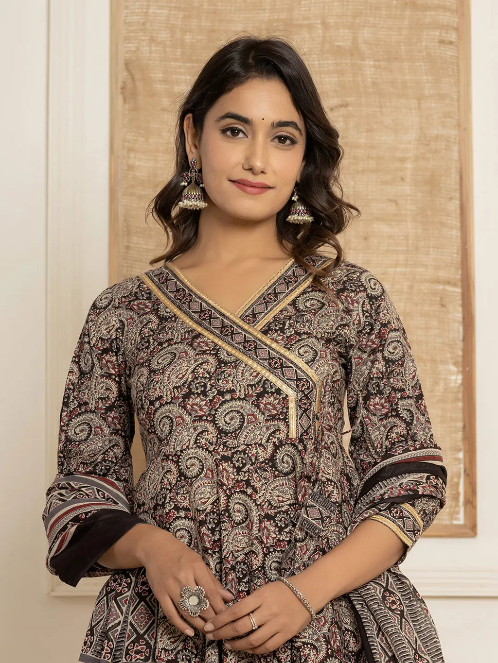 Yufta Black Paisley Print Anarkali Style Kurta And Trousers With Dupatta Set | Grocsy