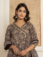 Yufta Black Paisley Print Anarkali Style Kurta And Trousers With Dupatta Set | Grocsy