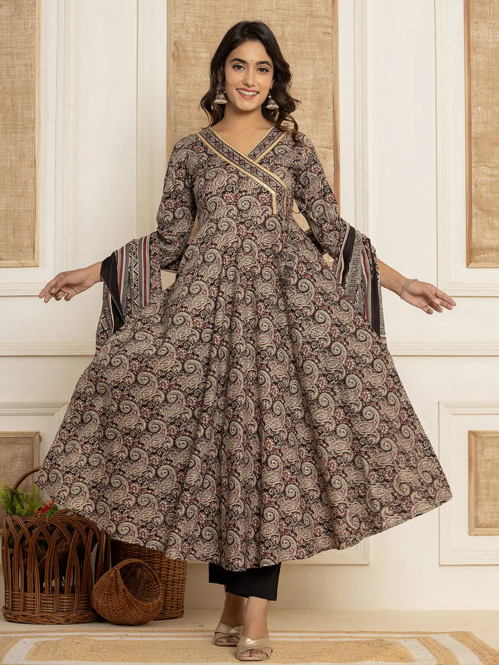 Yufta Black Paisley Print Anarkali Style Kurta And Trousers With Dupatta Set | Grocsy