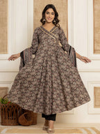 Yufta Black Paisley Print Anarkali Style Kurta And Trousers With Dupatta Set | Grocsy