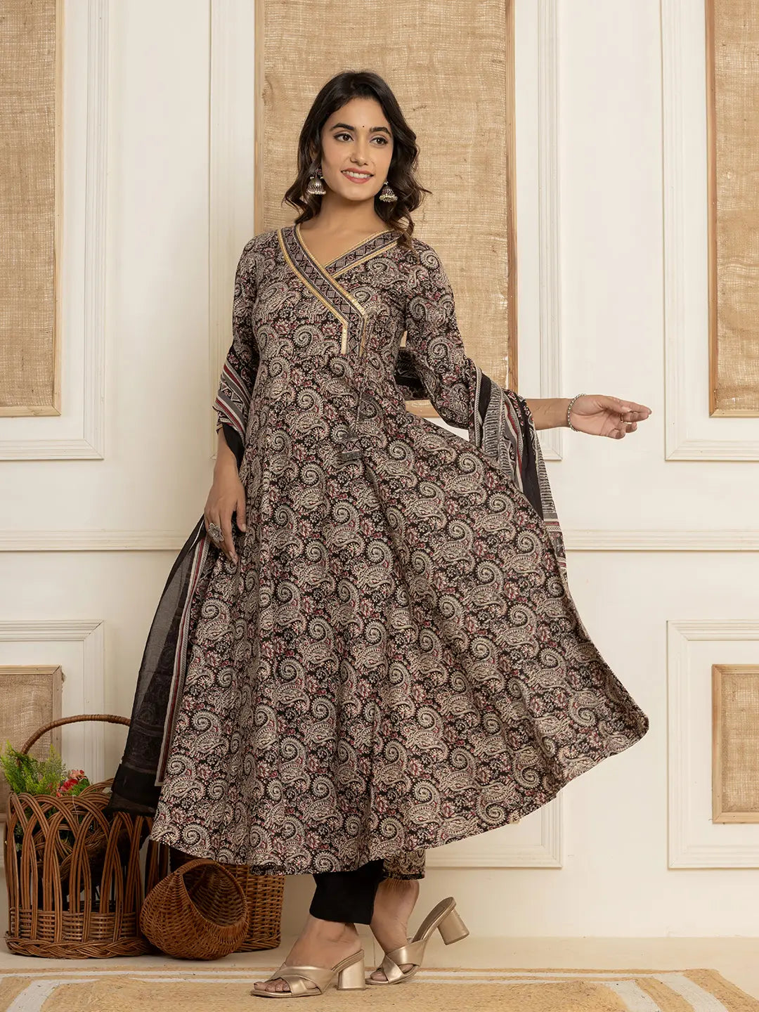 Yufta Black Paisley Print Anarkali Style Kurta And Trousers With Dupatta Set | Grocsy