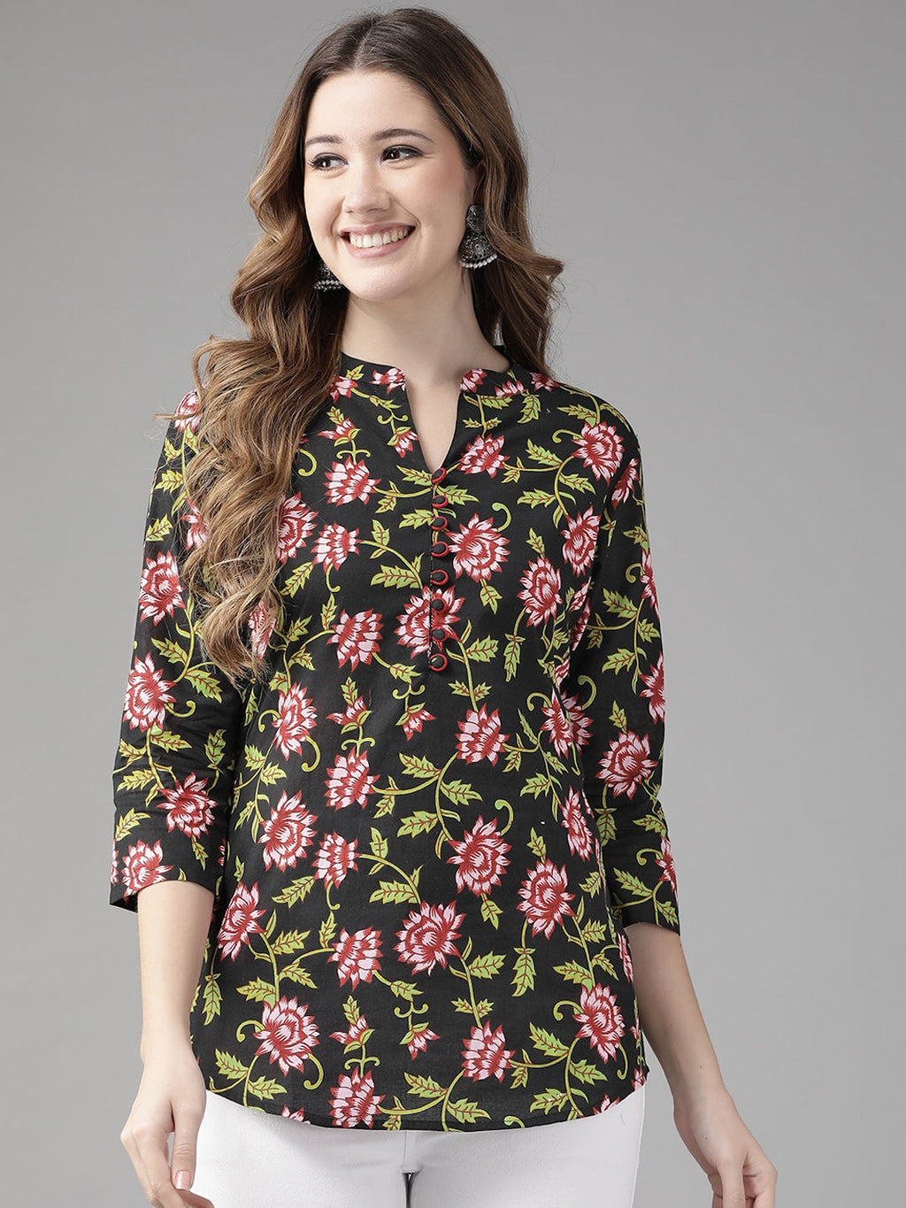 Yufta Black & Pink Floral Printed Top | Grocsy