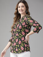 Yufta Black & Pink Floral Printed Top | Grocsy