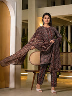 Yufta Black Pure Cotton Paisley Print Pakistani Style Kurta And Trousers With Dupatta Set | Grocsy