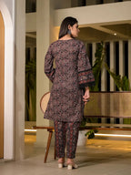 Yufta Black Pure Cotton Paisley Print Pakistani Style Kurta And Trousers With Dupatta Set | Grocsy