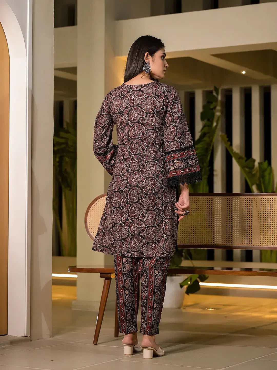 Yufta Black Pure Cotton Paisley Print Pakistani Style Kurta And Trousers With Dupatta Set | Grocsy