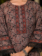 Yufta Black Pure Cotton Paisley Print Pakistani Style Kurta And Trousers With Dupatta Set | Grocsy