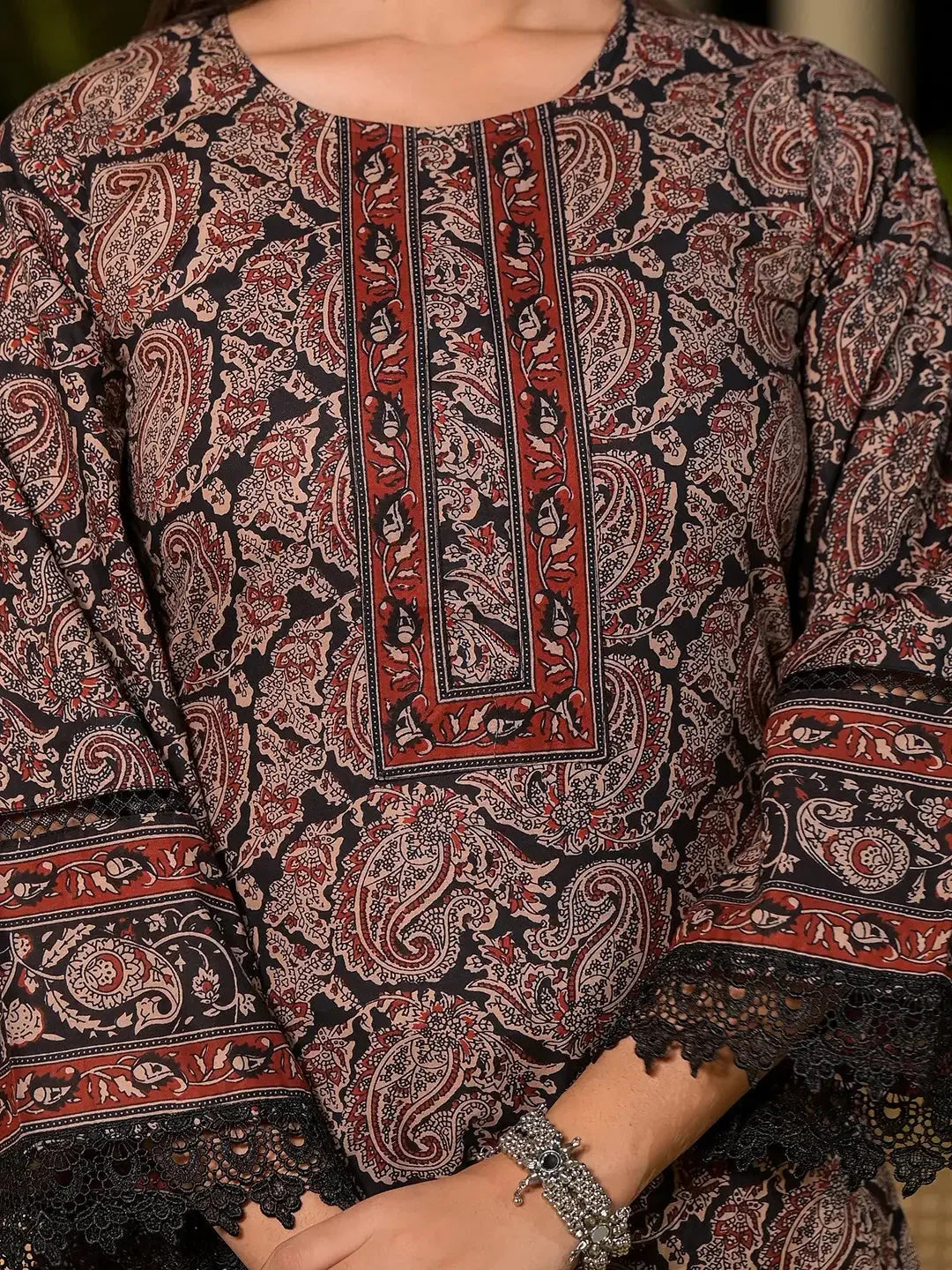 Yufta Black Pure Cotton Paisley Print Pakistani Style Kurta And Trousers With Dupatta Set | Grocsy