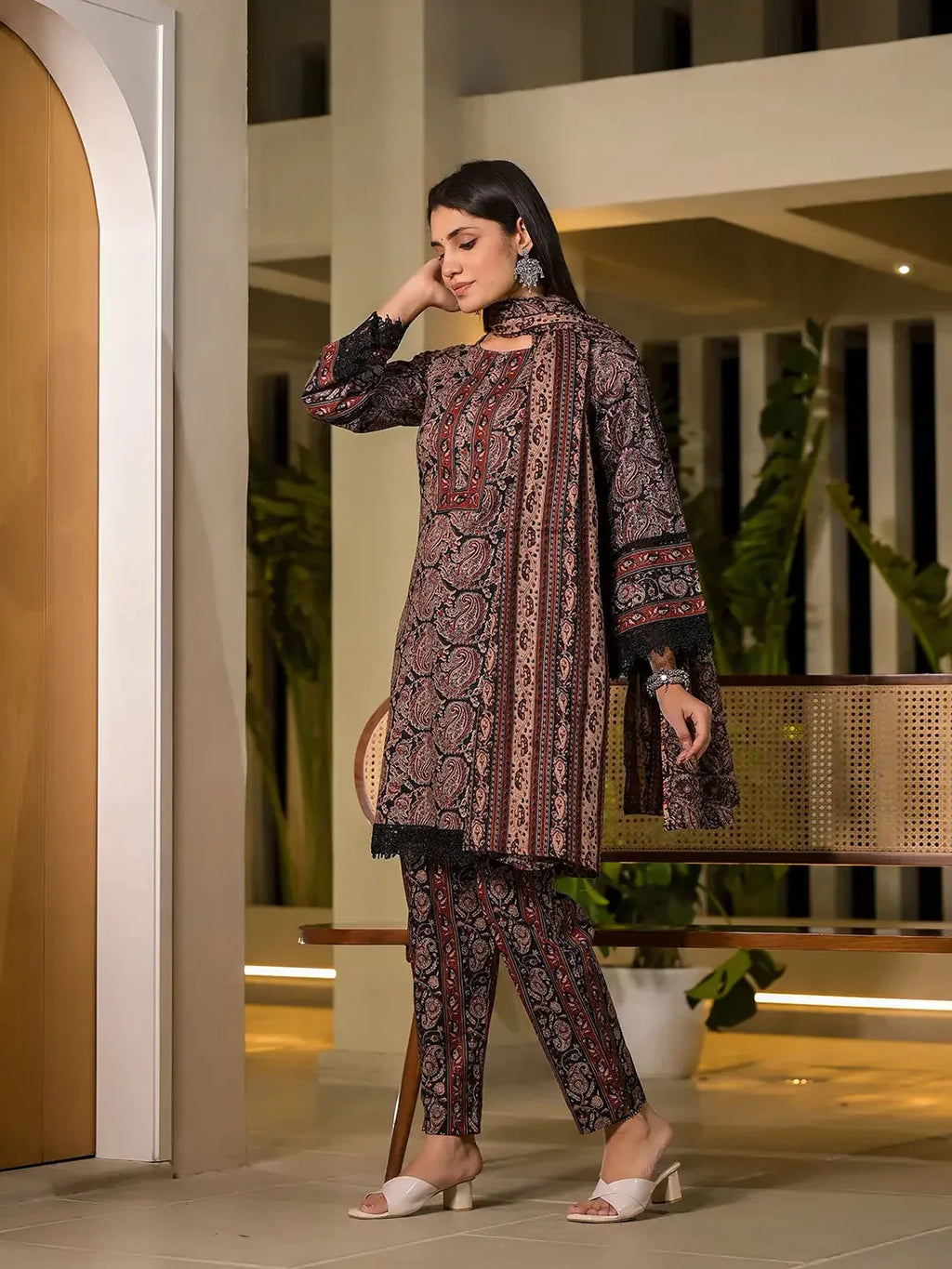 Yufta Black Pure Cotton Paisley Print Pakistani Style Kurta And Trousers With Dupatta Set | Grocsy
