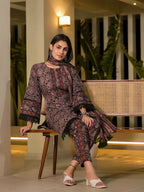 Yufta Black Pure Cotton Paisley Print Pakistani Style Kurta And Trousers With Dupatta Set | Grocsy