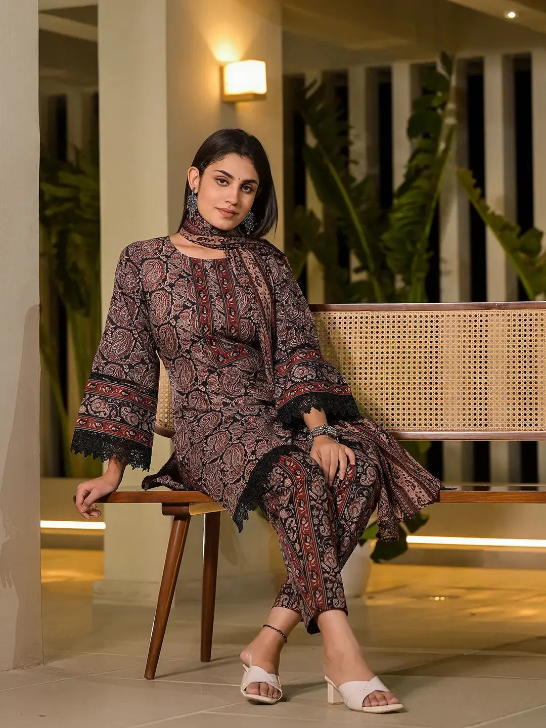 Yufta Black Pure Cotton Paisley Print Pakistani Style Kurta And Trousers With Dupatta Set | Grocsy