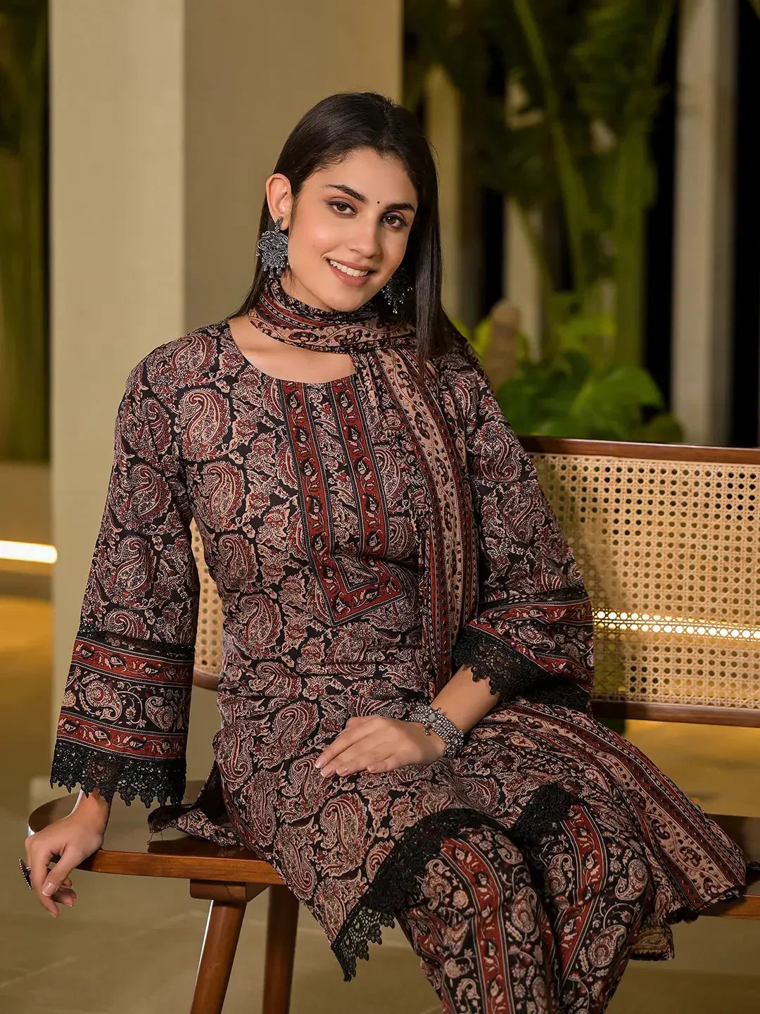 Yufta Black Pure Cotton Paisley Print Pakistani Style Kurta And Trousers With Dupatta Set | Grocsy
