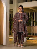 Yufta Black Pure Cotton Paisley Print Pakistani Style Kurta And Trousers With Dupatta Set | Grocsy