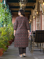 Yufta Black & Red Floral Print Straight Plus size Kurta Trouser And Dupatta Set | Grocsy