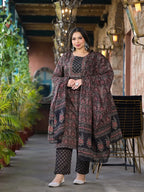 Yufta Black & Red Floral Print Straight Plus size Kurta Trouser And Dupatta Set | Grocsy