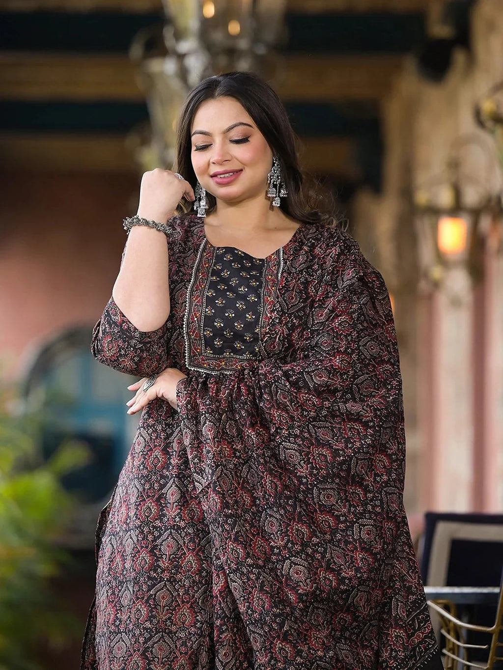 Yufta Black & Red Floral Print Straight Plus size Kurta Trouser And Dupatta Set | Grocsy