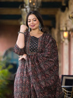 Yufta Black & Red Floral Print Straight Plus size Kurta Trouser And Dupatta Set | Grocsy