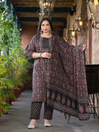 Yufta Black & Red Floral Print Straight Plus size Kurta Trouser And Dupatta Set | Grocsy