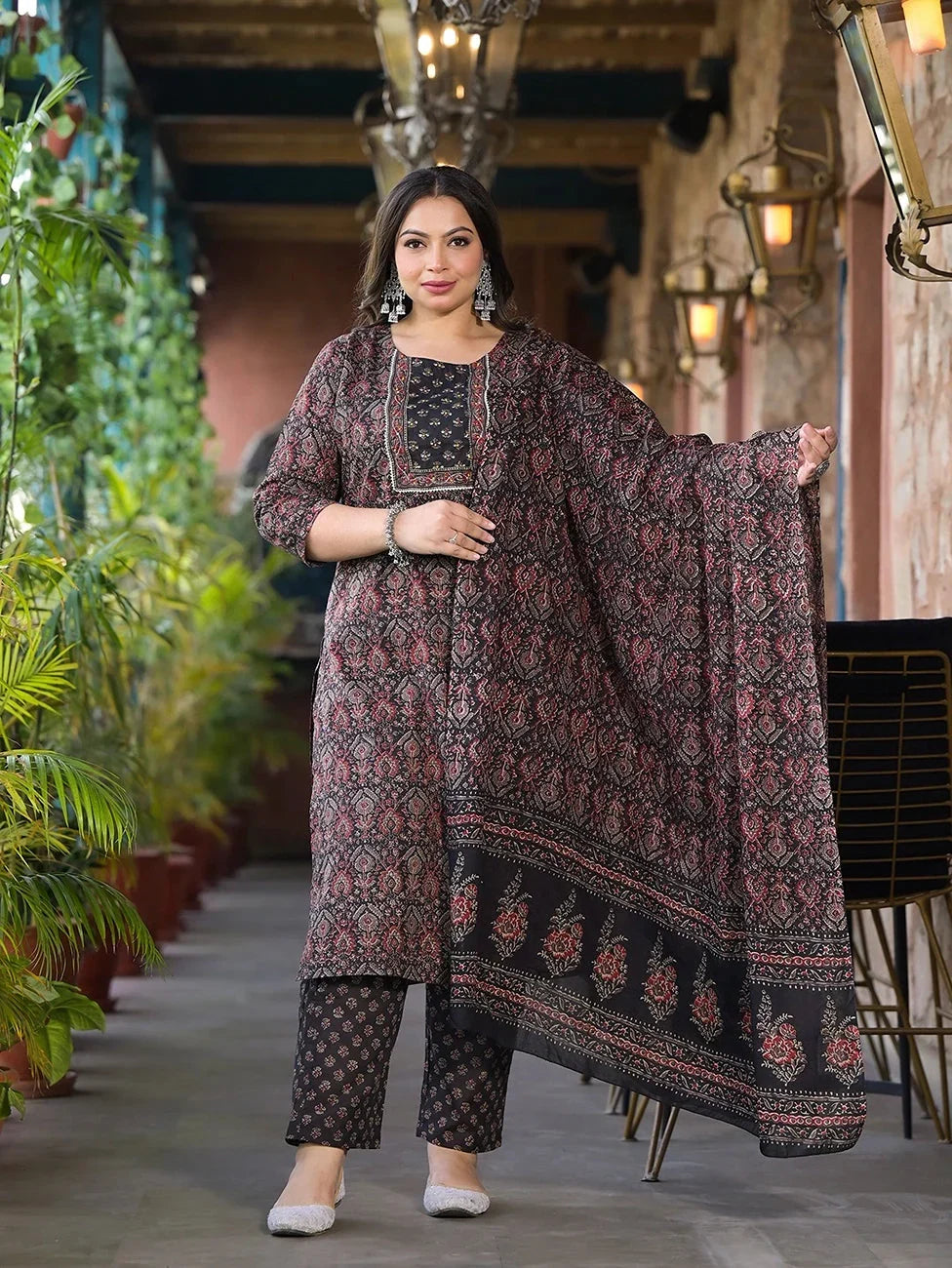 Yufta Black & Red Floral Print Straight Plus size Kurta Trouser And Dupatta Set | Grocsy