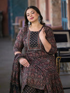 Yufta Black & Red Floral Print Straight Plus size Kurta Trouser And Dupatta Set | Grocsy